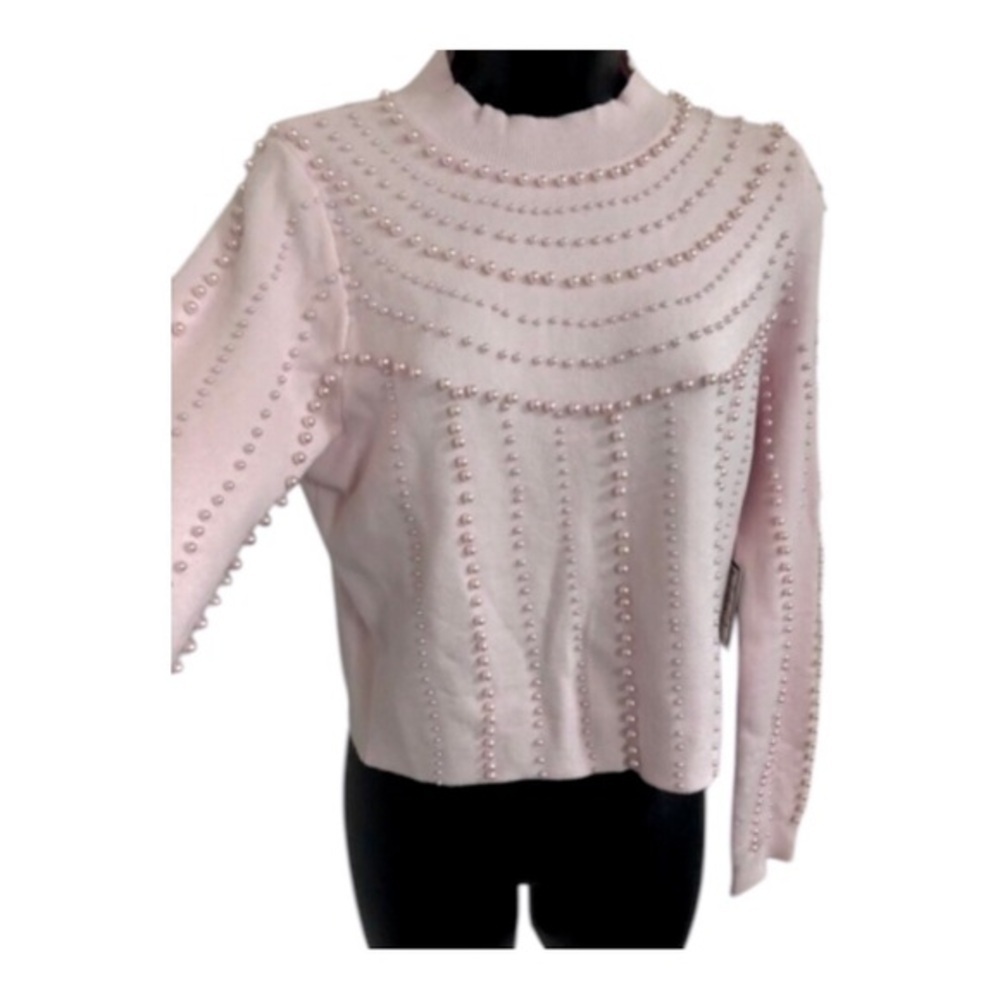 Pink beaded mockneck pink pearl adorned embellished knit sweater‎ size large new